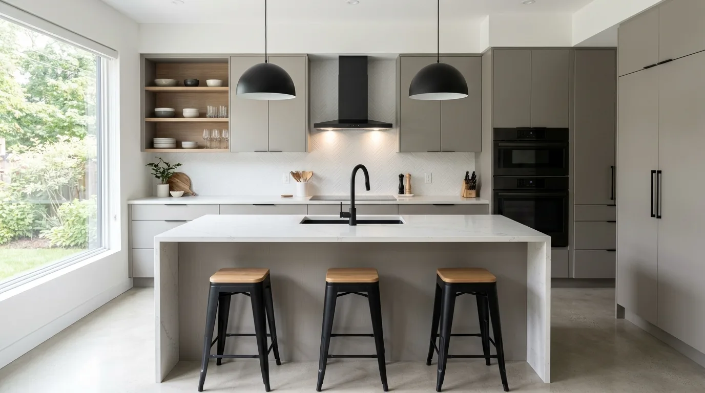 Wood keeping greige kitchen cabinets feeling warm and alive.